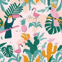 Tropical seamless pattern with toucan, flamingos, parrot. Vector