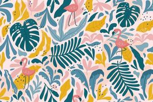 Tropical seamless pattern with flamingos, exotic leaves. Vector