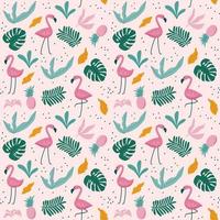 Tropical seamless pattern with flamingos, exotic leaves. Vector