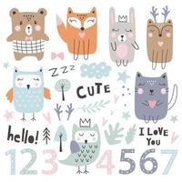 Set with cute animals, numbers and dsign Elements. Kids party. Vector