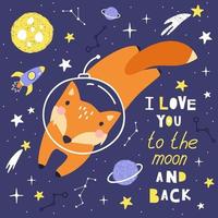 Cute card with fox astronaut, planets, stars and comets.  Vector