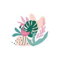 flamenco con hojas tropicales, monstera, hojas de palmera, hibisco, vector