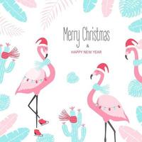 Christmas card with cute flamingo on a white background. Vector