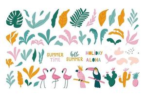verano con hojas tropicales, flamencos, tucán, loro. vector