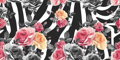 Roses seamless pattern on zebra background. Vector