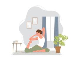 casa de mujer de yoga. chica practicando yoga en casa. ilustración, eps 10 vector