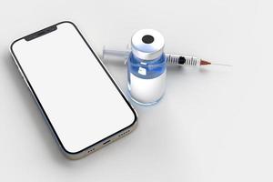 teléfono inteligente con herramientas médicas y vacunas covid-19. foto