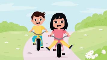 dos niños, niño y niña, andar en bicicleta en la naturaleza. vector
