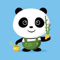 lindo jardinero panda con su regadera y planta de bambú vector