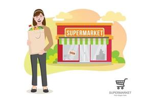 supermarket groceries, Young woman carrying paper shopping bag Vector