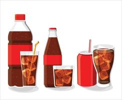 Soft drink bottle and glass set vector illustration