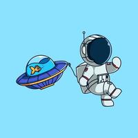 Cute astronaut walk with pet fish on ufo space. vector