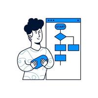 a man makes a flowchart. trendy vector illustration style