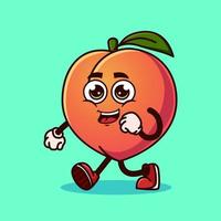 Lindo personaje de fruta de durazno caminando con cara feliz. vector