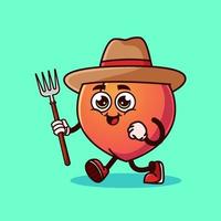 Cute Peach fruit Farmer character with pitchfork. vector