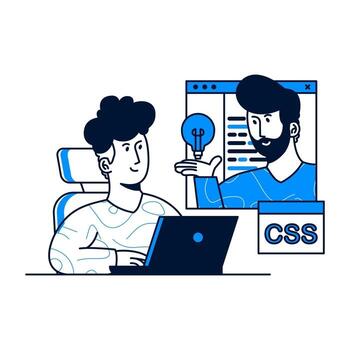 Un hombre discute el proyecto y se inspira en el programa de desarrollo. vector