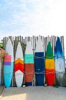 Beautiful and colorful surf boards with blue sky