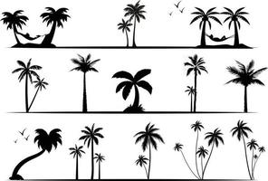 Colección de palmeras y conjunto de vectores de siluetas de palmeras
