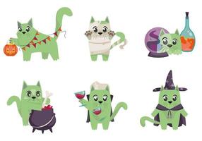 gato en diferentes disfraces. personajes de halloween en estilo de dibujos animados vector