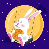 conejo abrazo un gran pastel de luna vector