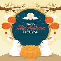 Family of Fluffy Rabbit Enjoying Moon Cake Autumn vector