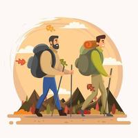 dos hombres caminando a la montaña en otoño vector