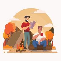 Two Man Resting at Camp Fire in Forest