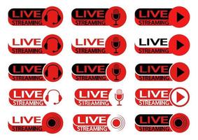 Live streaming icons. Set of symbols and buttons for live streaming, broadcasting in red and black color. Online stream buttons with headphones, microphone and play symbol vector