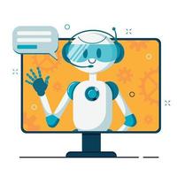 Smiling chat bot character robot helping solve a problems. vector