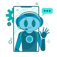 sonriente robot de personaje de chat bot que ayuda a resolver un problema. vector