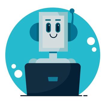 Smiling cute robot chat bot. Support service concept. Vector