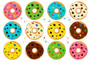 Illustration on theme big set different types sticky donuts