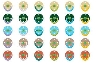 Illustration on theme big colored set baby pacifiers vector