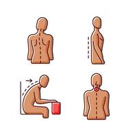 Bad posture problems RGB color icons set vector