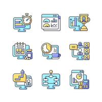 Online work monitoring RGB color icons set vector