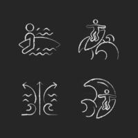 Riding wave using board chalk white icons set on dark background vector