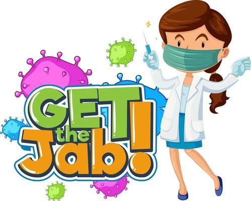 Get the Jab font banner with a doctor wear mask cartoon character