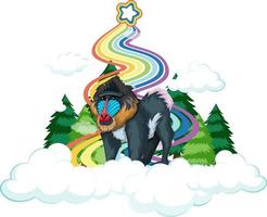 Mandrill on the cloud with rainbow on white background vector