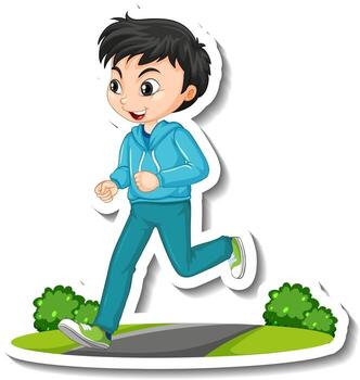 Pegatina de personaje de dibujos animados con un niño trotando sobre fondo blanco. vector