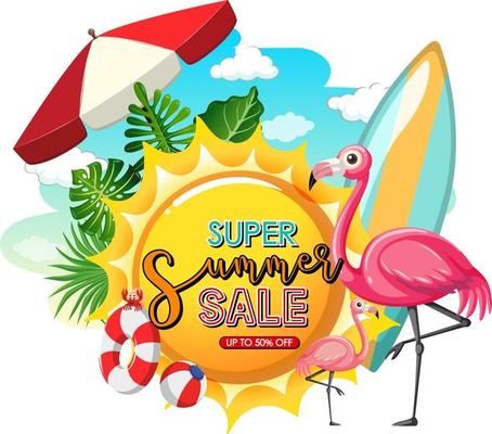 Super Summer Sale banner with summer elements isolated