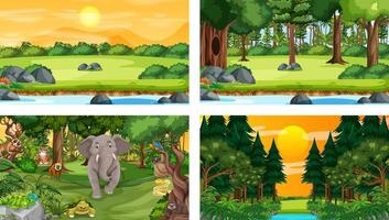 Conjunto de escena horizontal de bosque diferente con varios animales salvajes vector