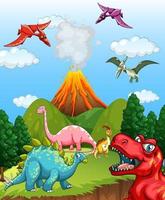 Prehistoric landscape scene with various dinosaurs vector