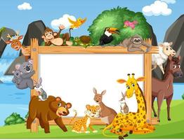 Empty wooden frame with various wild animals in the forest vector