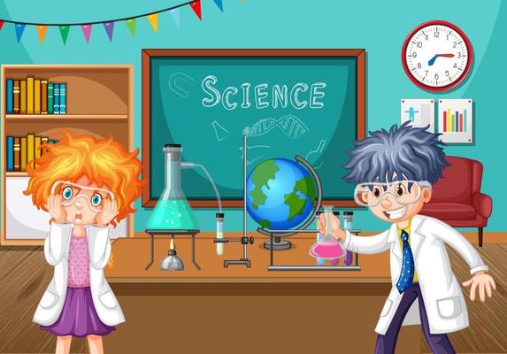 Two young scientists doing chemistry experiment in the classroom