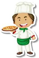 Sticker template with a chef man holds pizza tray isolated vector