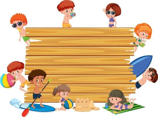 Empty wooden board with children in summer beach theme