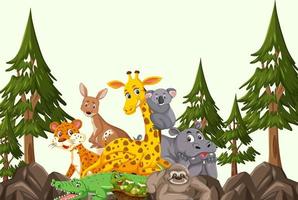 Wild animals group in the forest scene vector