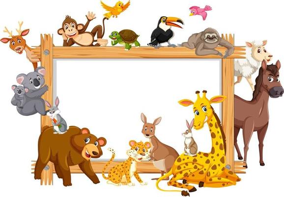 Empty wooden frame with various wild animals