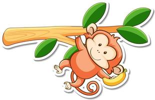 Cartoon character of cute monkey hanging on a branch sticker vector