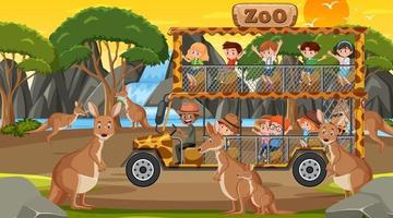 Safari at sunset time scene with children watching kangaroo group vector